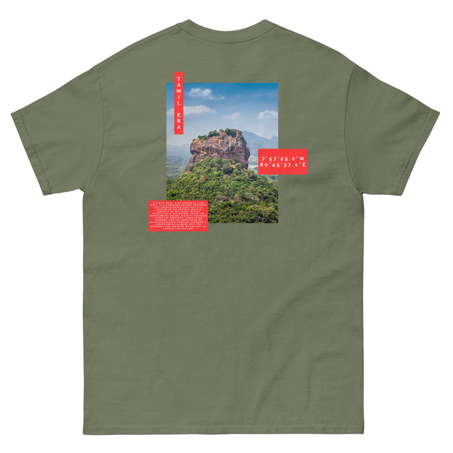 mens sigiriya military green tshirt back design from the tamil era