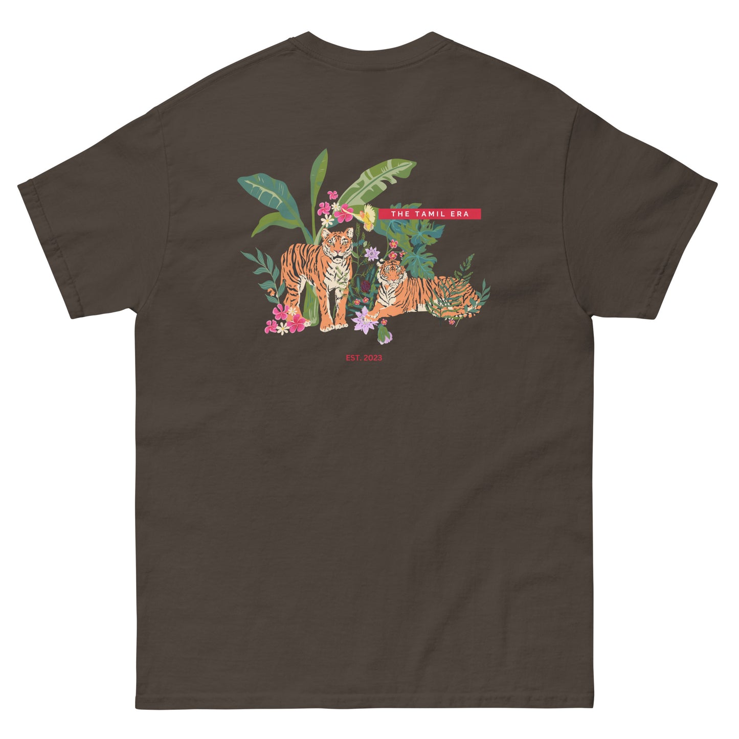 womens dark chocolate floral tiger tshirt back design from the tamil era