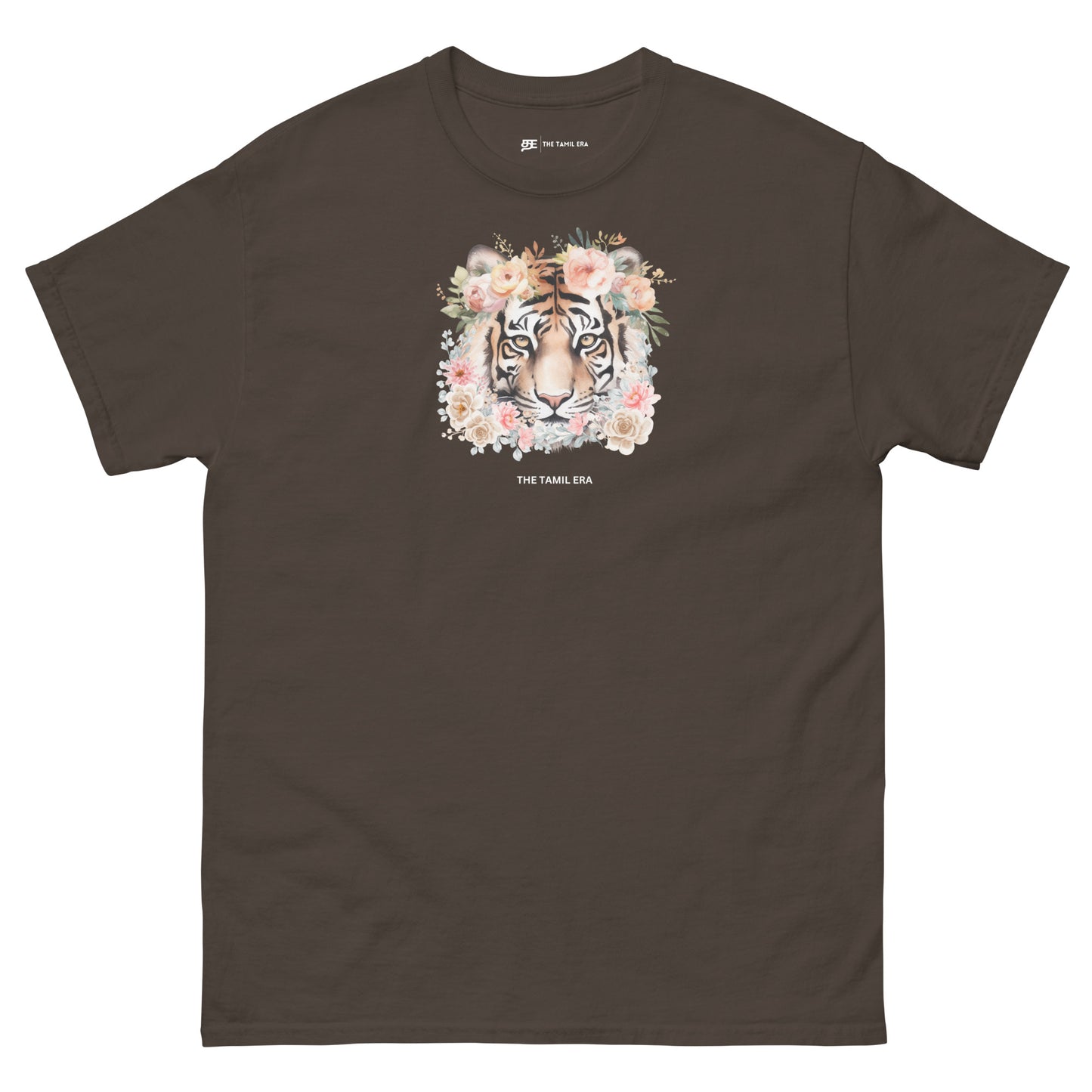 womens dark chocolate floral tiger face tshirt from the tamil era