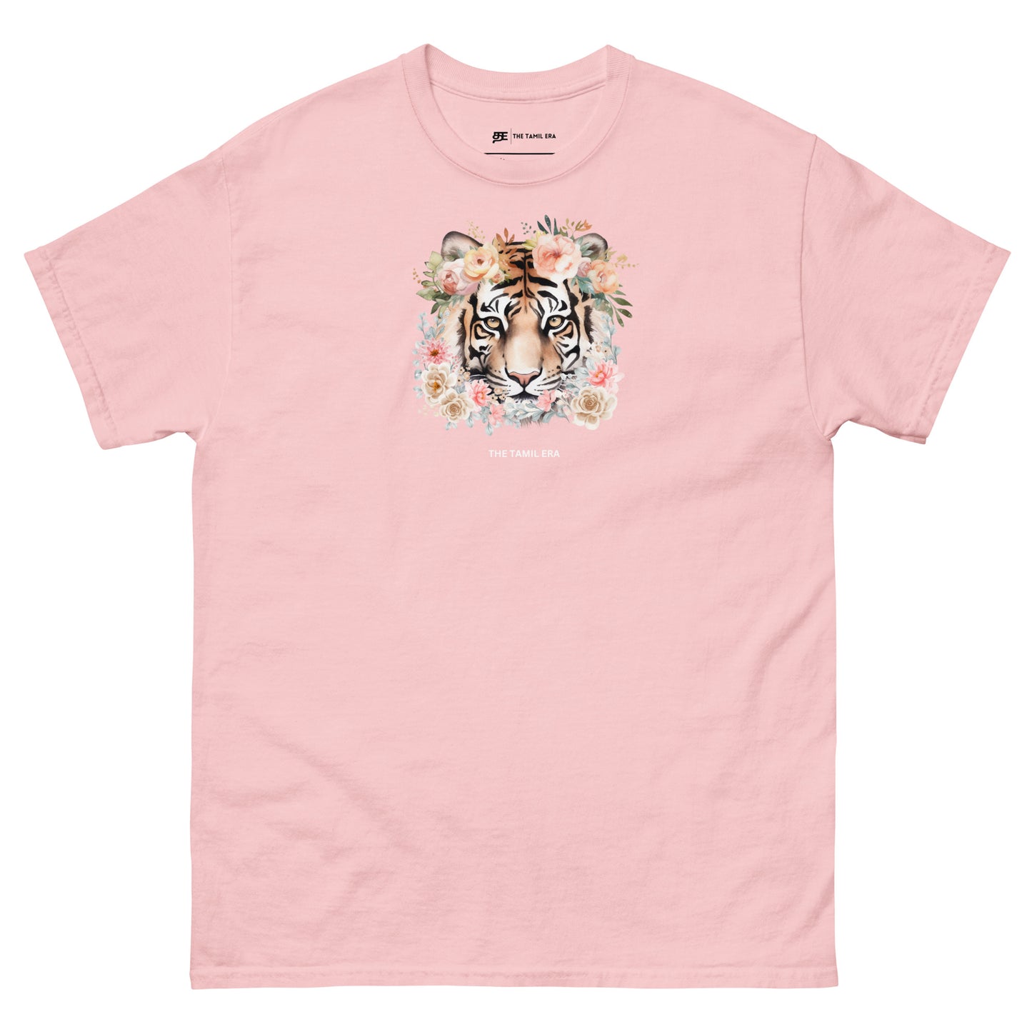 womens light pink floral tiger face tshirt from the tamil era