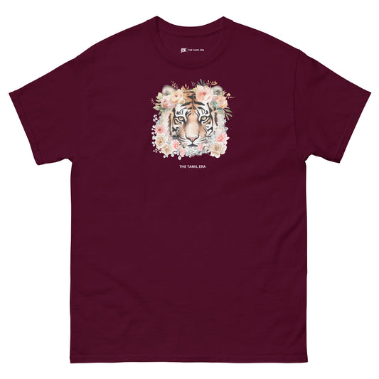 womens maroon floral tiger face tshirt from the tamil era