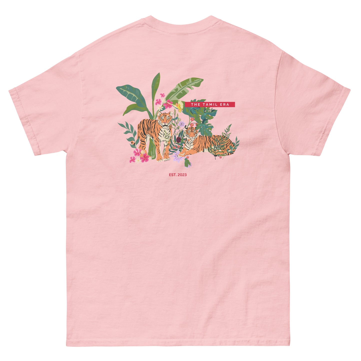 womens light pink floral tiger tshirt back design from the tamil era