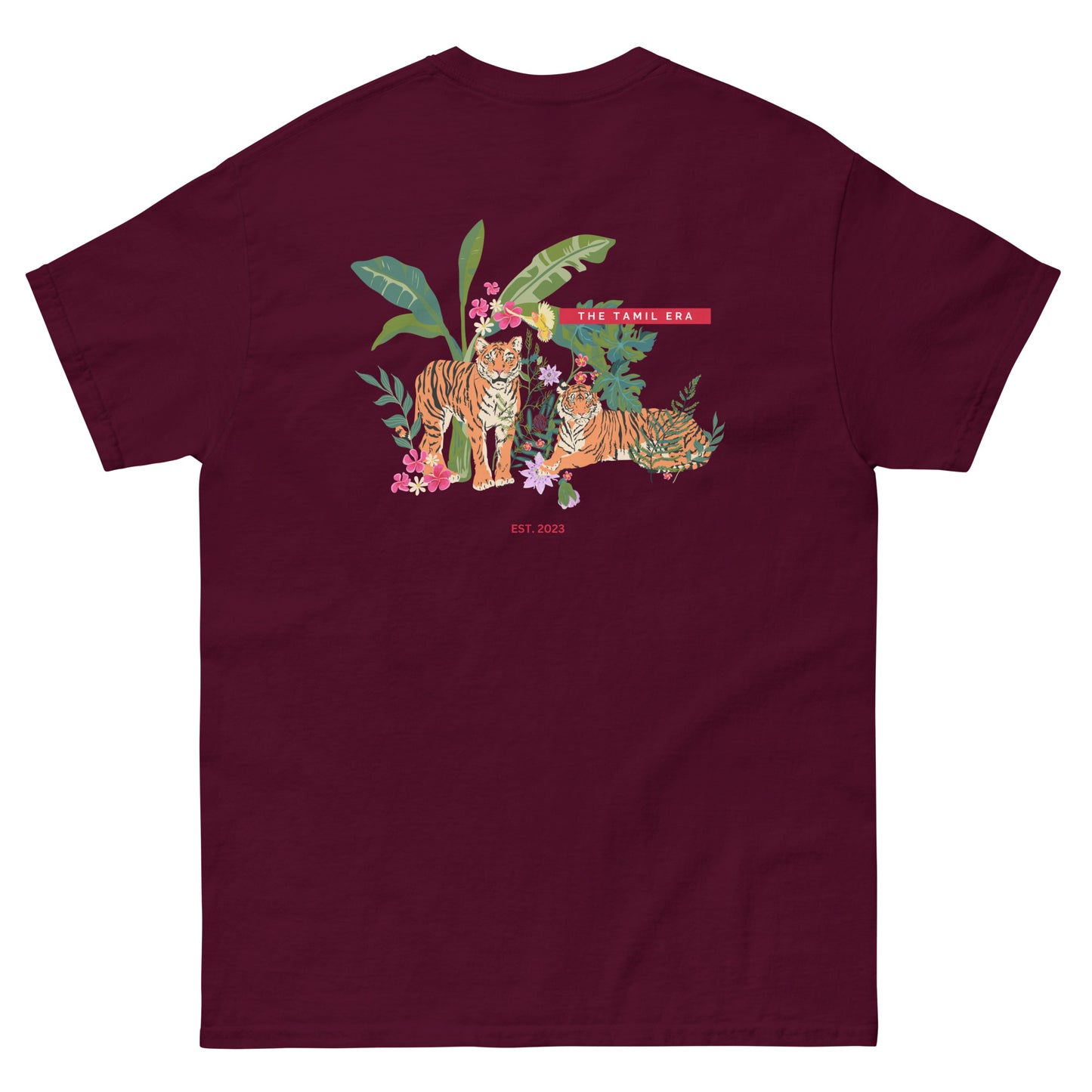womens maroon floral tiger tshirt back design from the tamil era