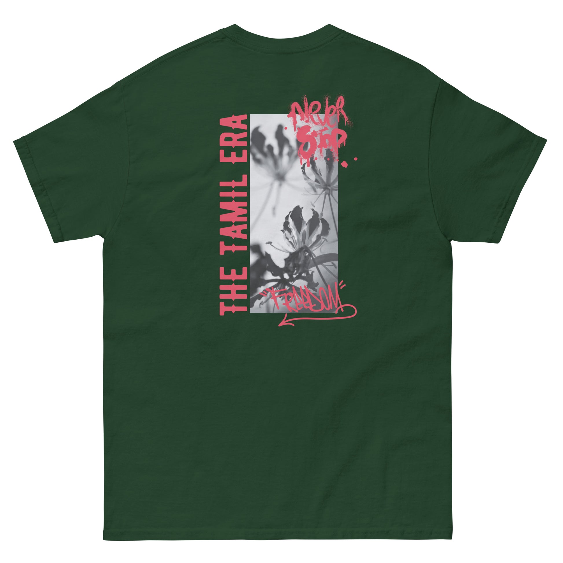 mens flame lily graffiti forest green back design from the tamil era