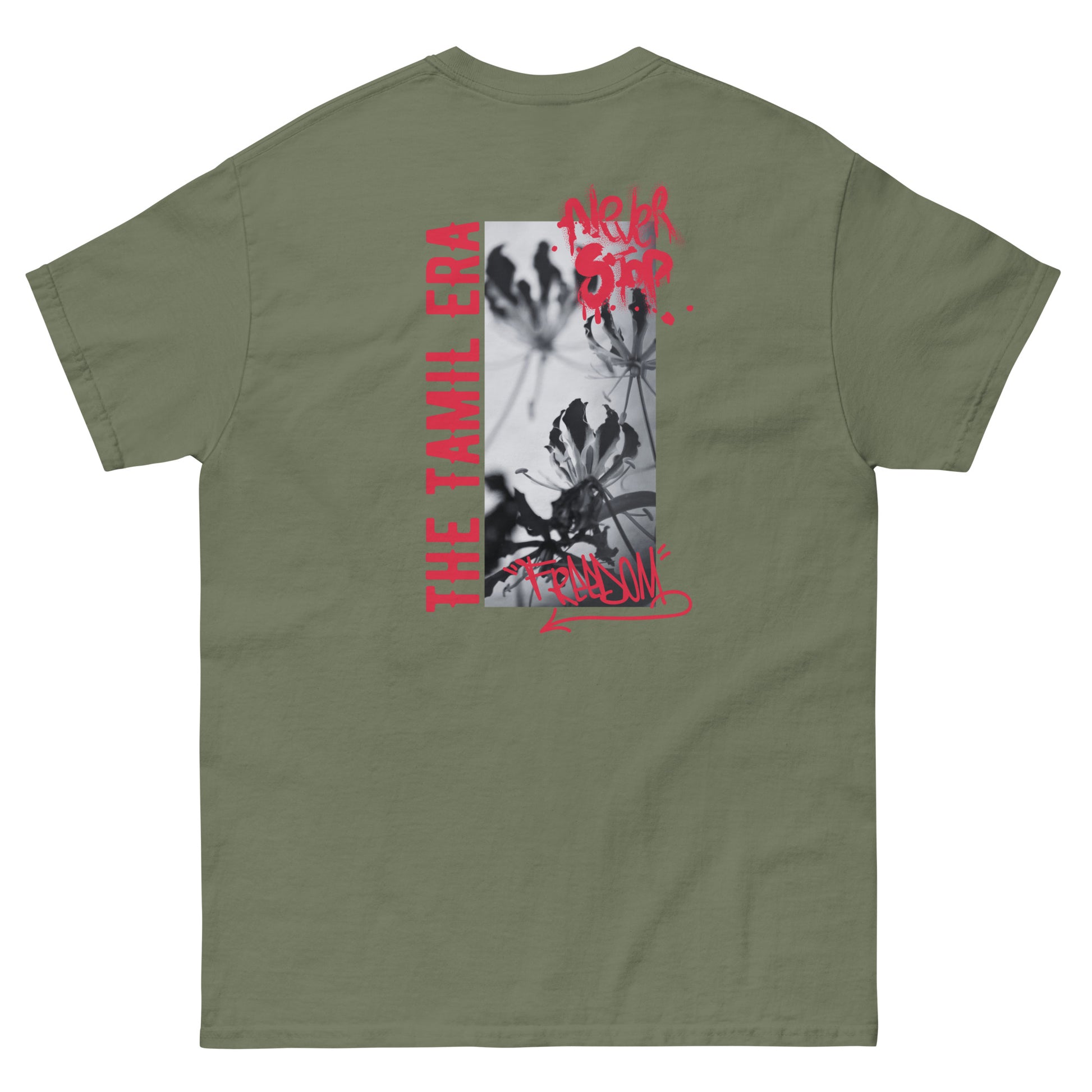 mens flame lily graffiti military green back design from the tamil era