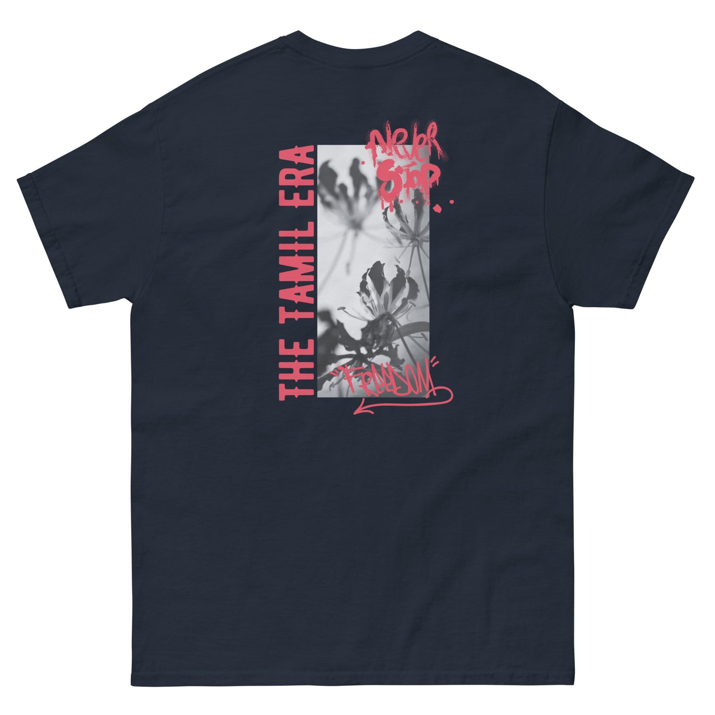 mens flame lily graffiti navy back design from the tamil era