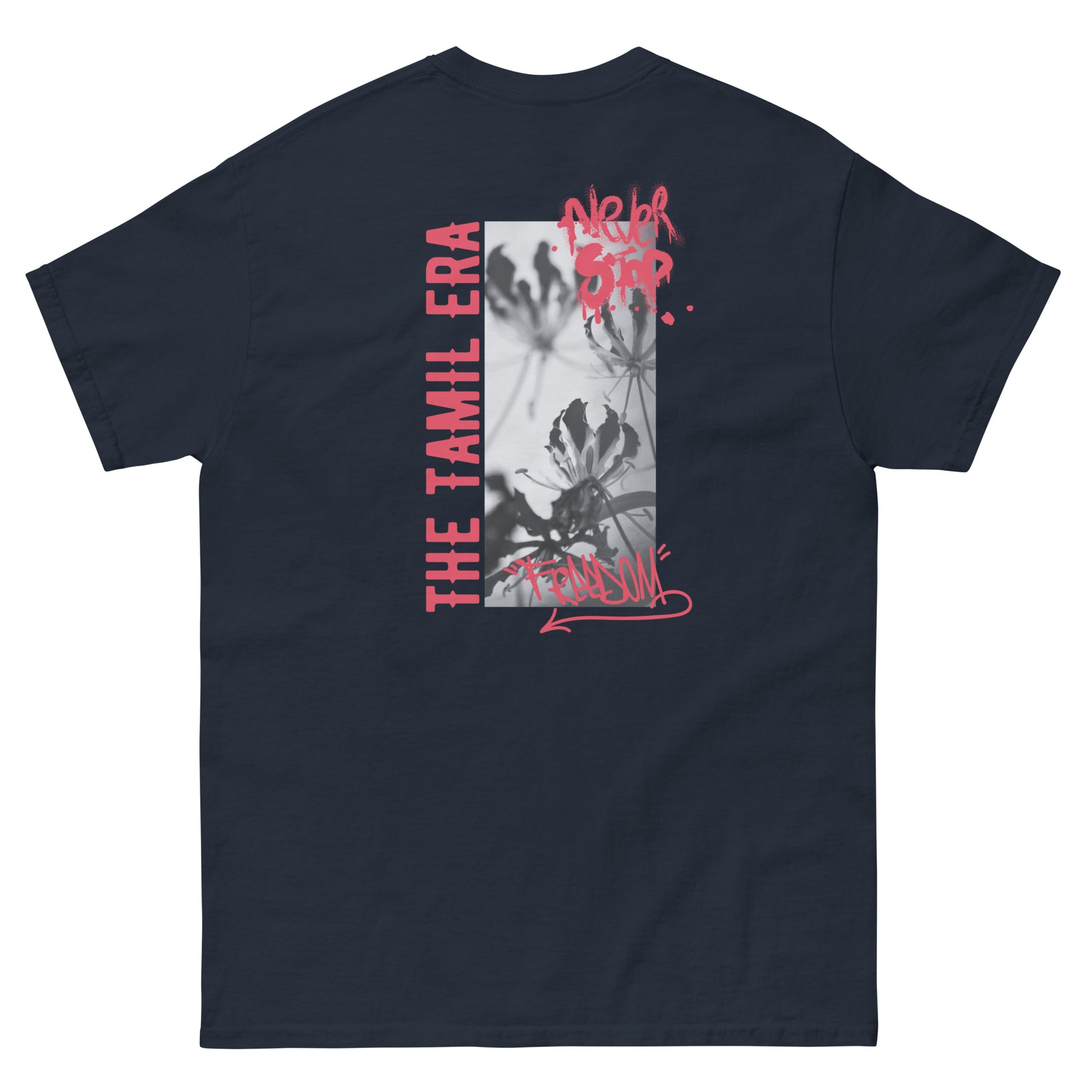 mens flame lily graffiti navy back design from the tamil era