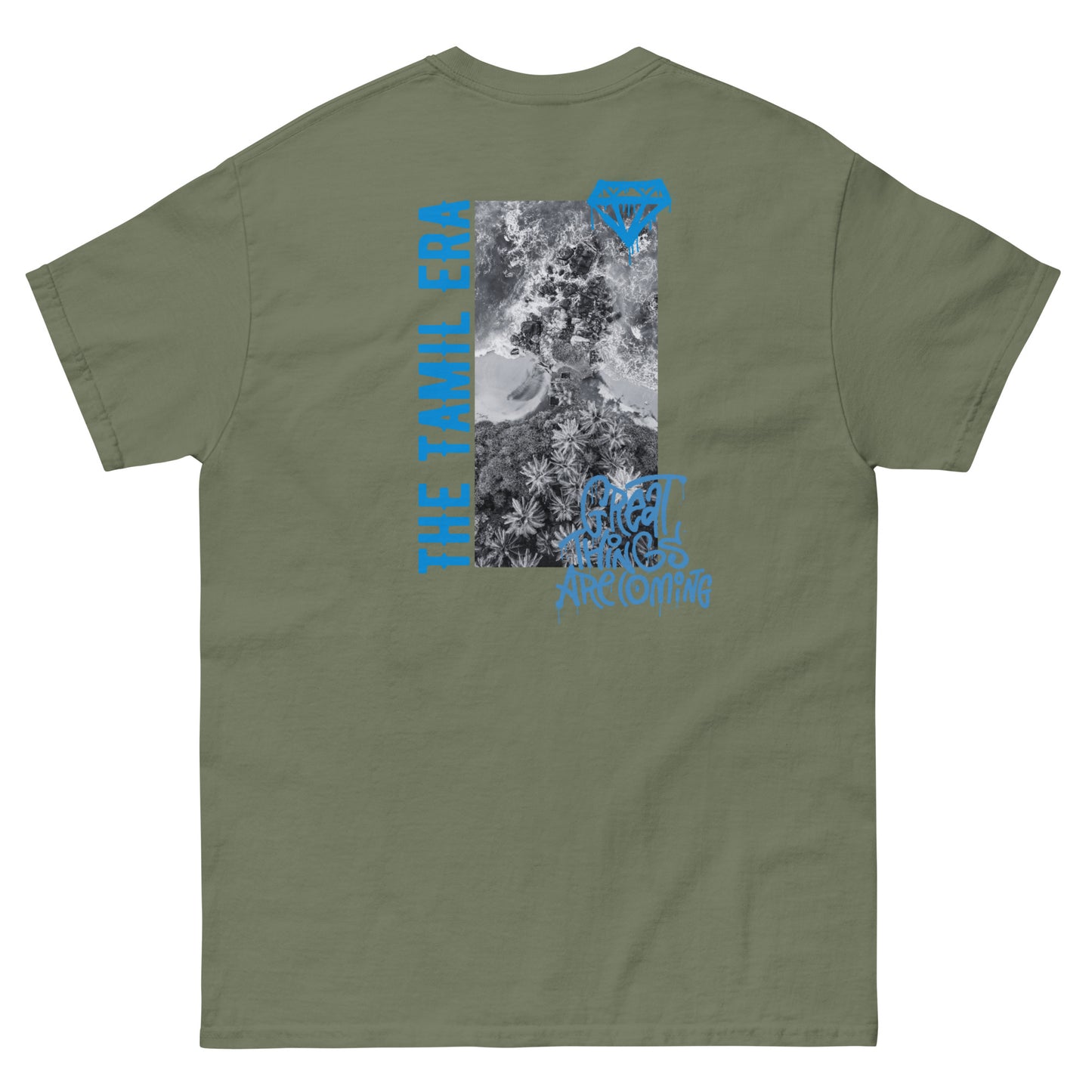 mens sri lanka coast graffiti military green tshirt back design from the tamil era