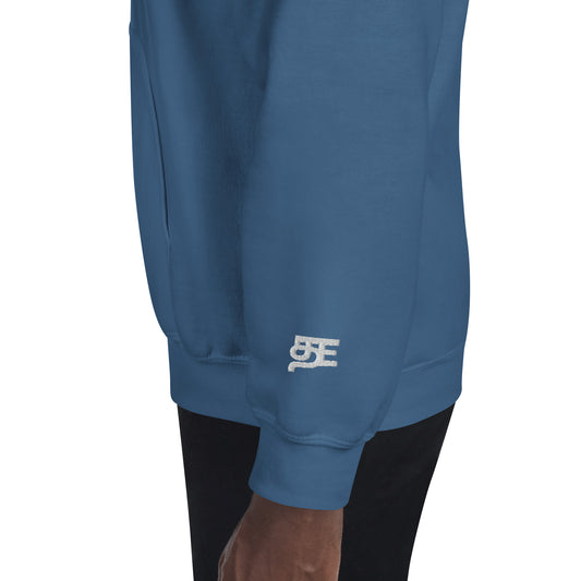 mens indigo blue left sleeve logo embroidered design tamizh hoodie from the tamil era 