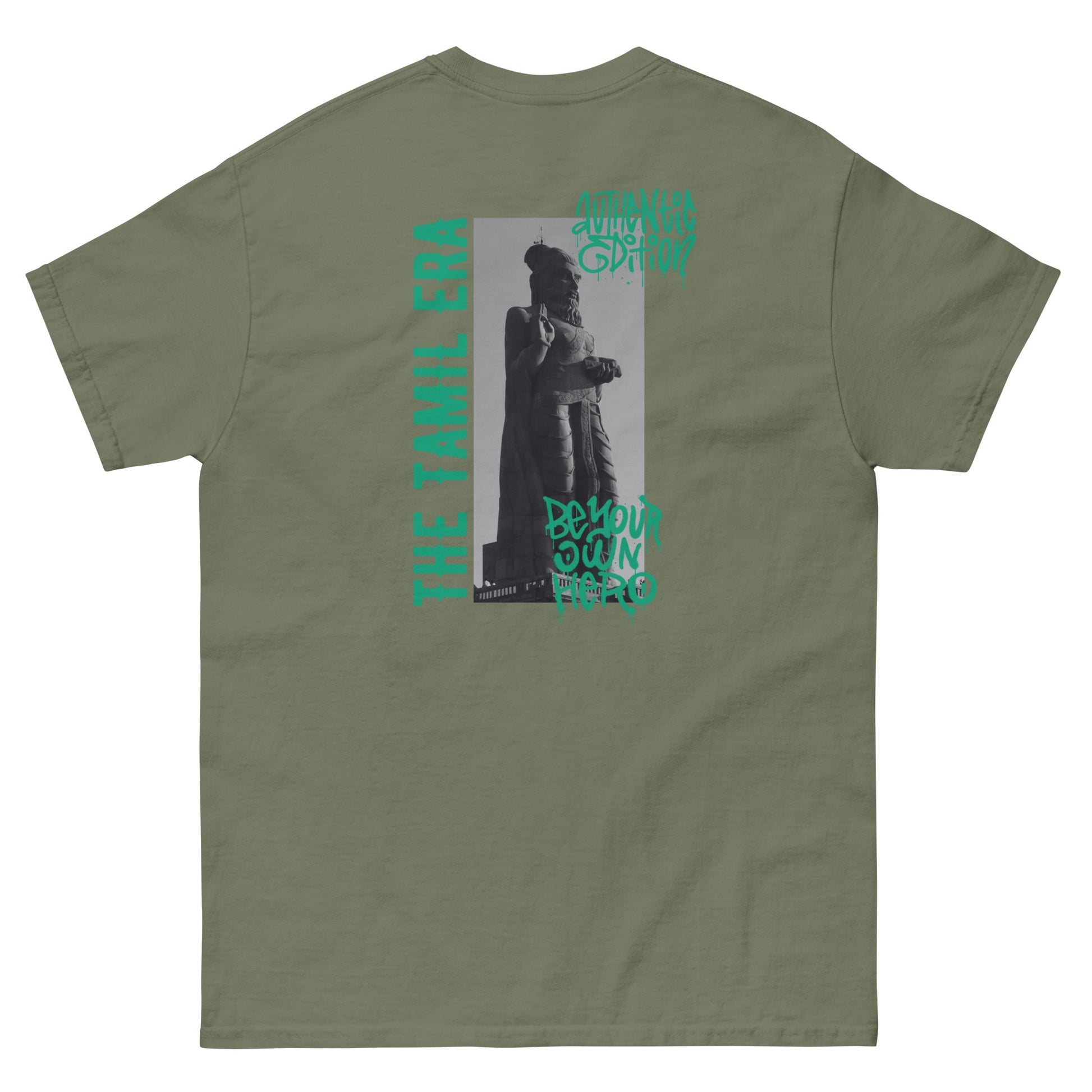 mens thiruvalluvar graffiti military green tshirt back design from the tamil era