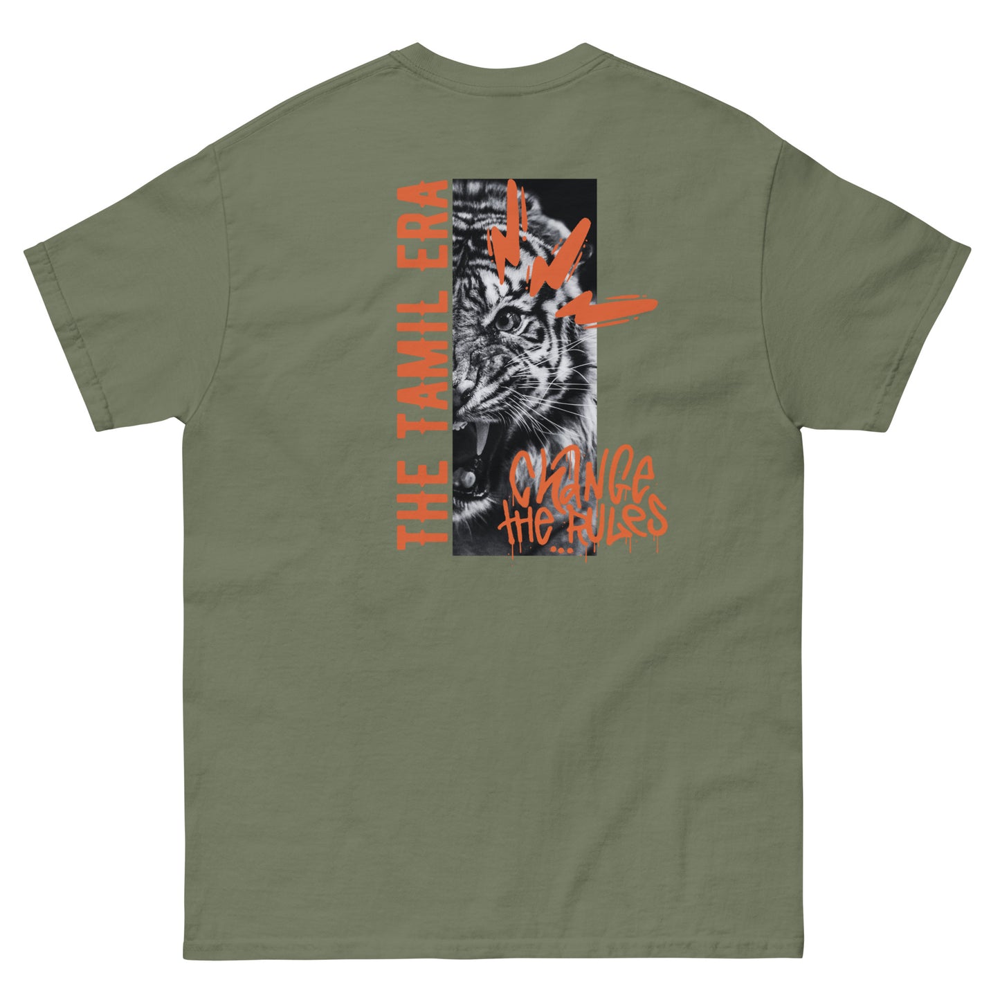 mens tiger graffiti tshirt back design military green from the tamil era 