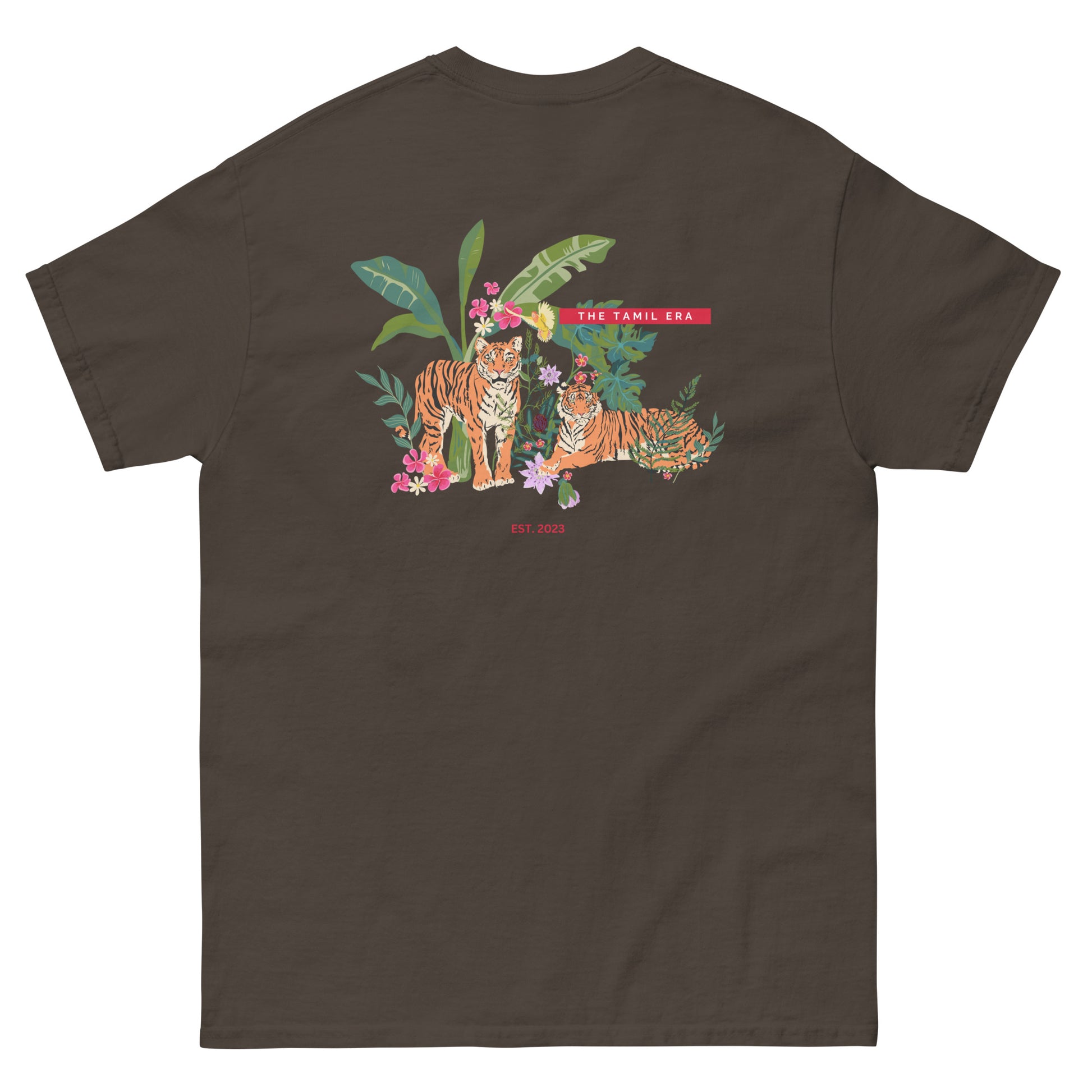womens dark chocolate floral tiger tshirt back design from the tamil era 