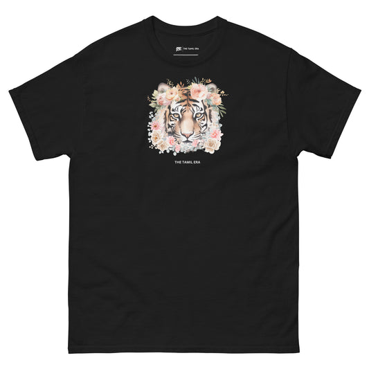 womens black floral tiger face tshirt from the tamil era 