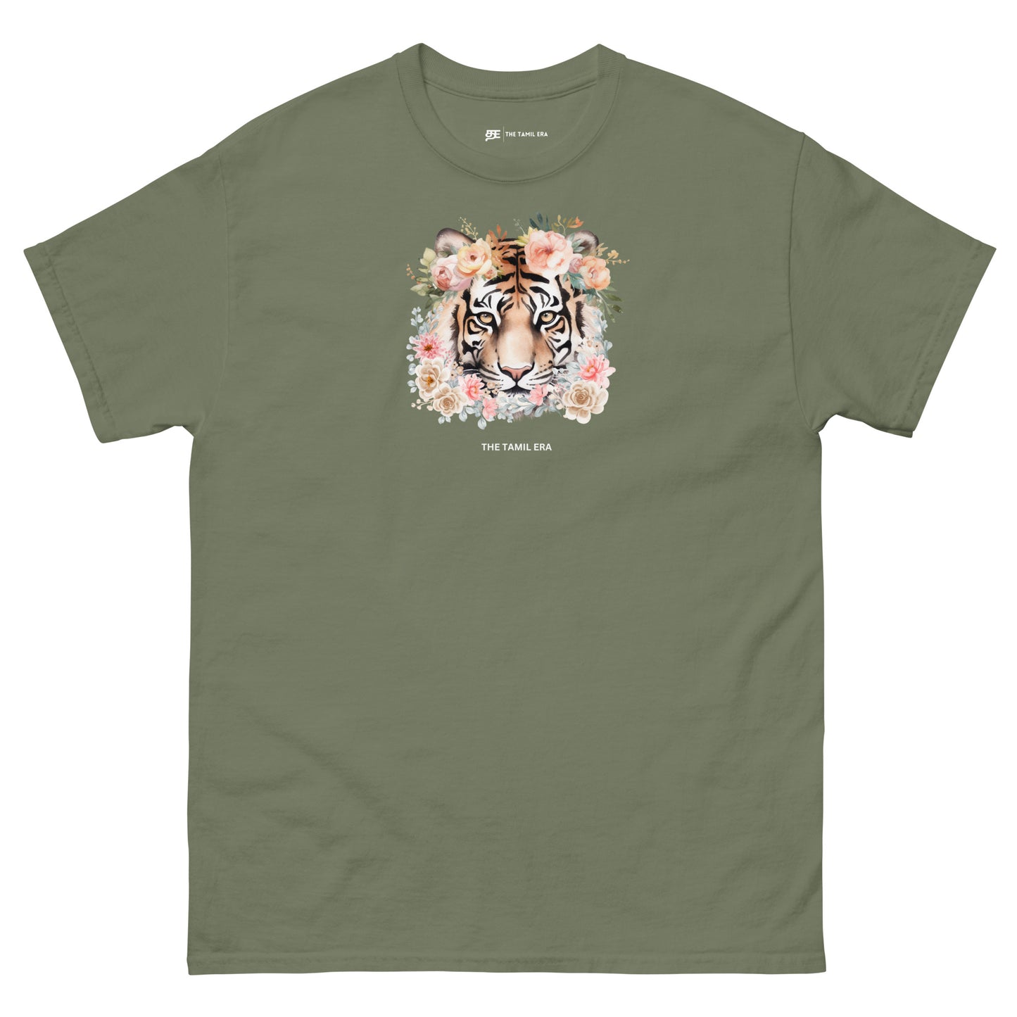 womens military green floral tiger face tshirt from the tamil era 