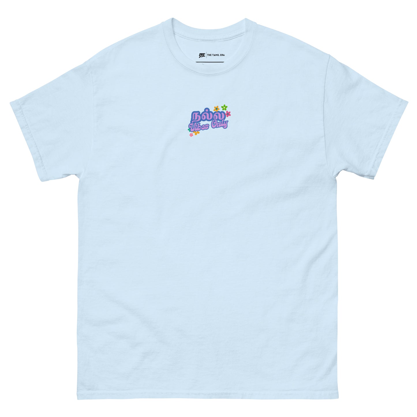 womens good vibes only light blue tshirt from the tamil era 